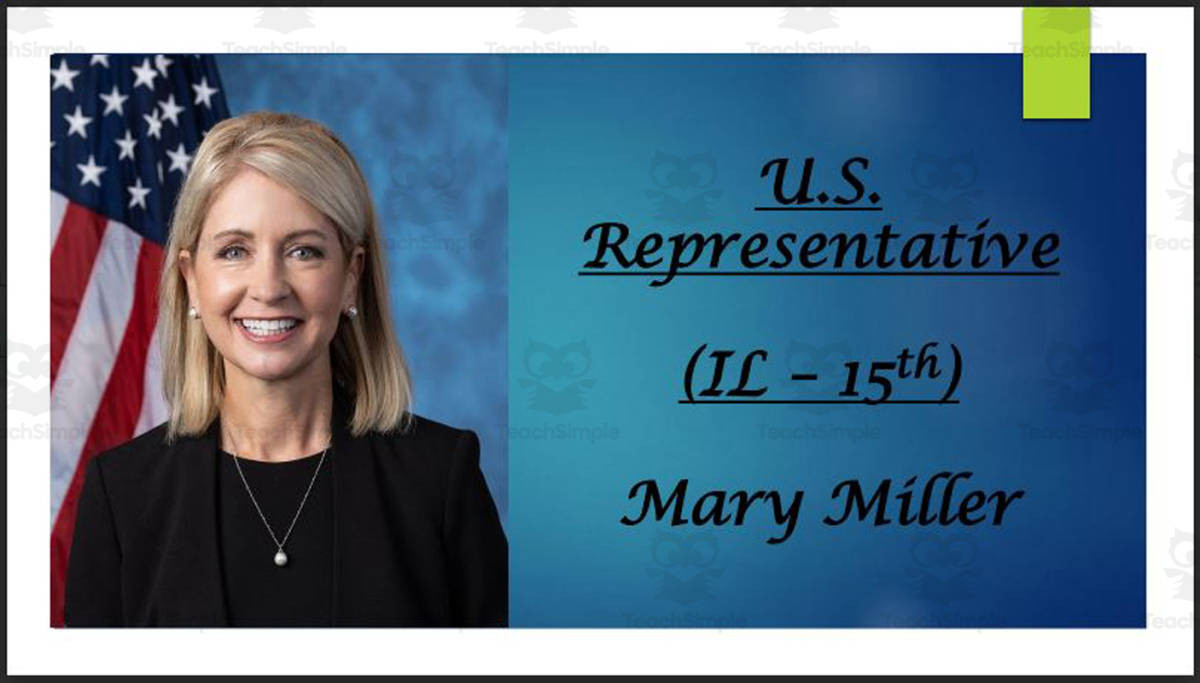 An educational teaching resource from Mr. Matthews Teacher Store entitled U.S. Representative Mary Miller (IL - 15th) BIO PPT downloadable at Teach Simple.