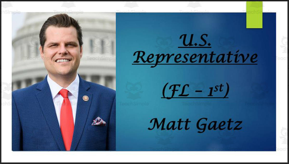 An educational teaching resource from Mr. Matthews Teacher Store entitled U.S. Representative Matt Gaetz (FL - 1st) BIO PPT downloadable at Teach Simple.