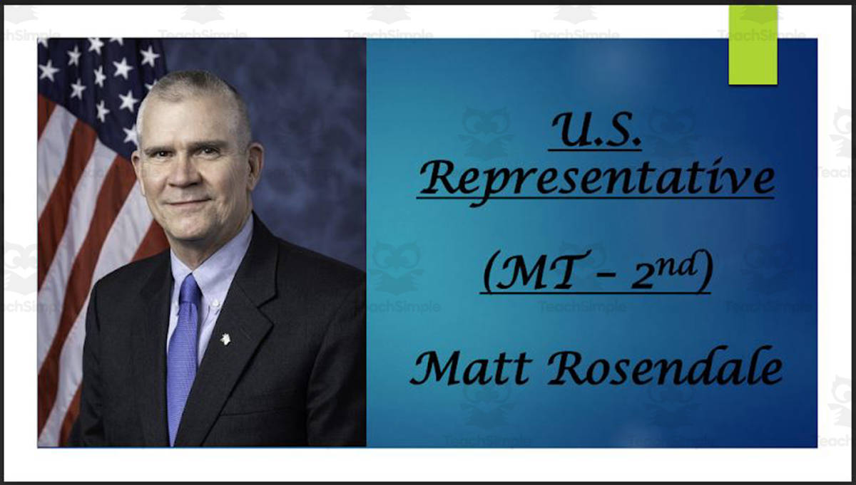 An educational teaching resource from Mr. Matthews Teacher Store entitled U.S. Representative Matt Rosendale (MT - 2nd) BIO PPT downloadable at Teach Simple.