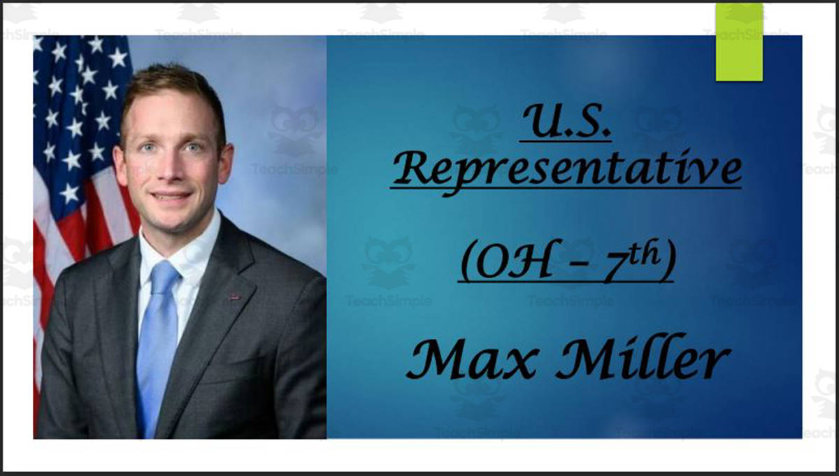 An educational teaching resource from Mr. Matthews Teacher Store entitled U.S. Representative Max Miller (OH - 7th) BIO PPT downloadable at Teach Simple.