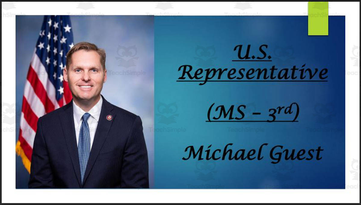 An educational teaching resource from Mr. Matthews Teacher Store entitled U.S. Representative Michael Guest (MS - 3rd) BIO PPT downloadable at Teach Simple.