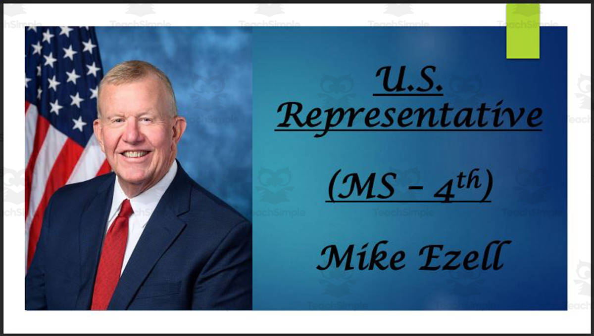 An educational teaching resource from Mr. Matthews Teacher Store entitled U.S. Representative Mike Ezell (MS - 4th) BIO PPT downloadable at Teach Simple.