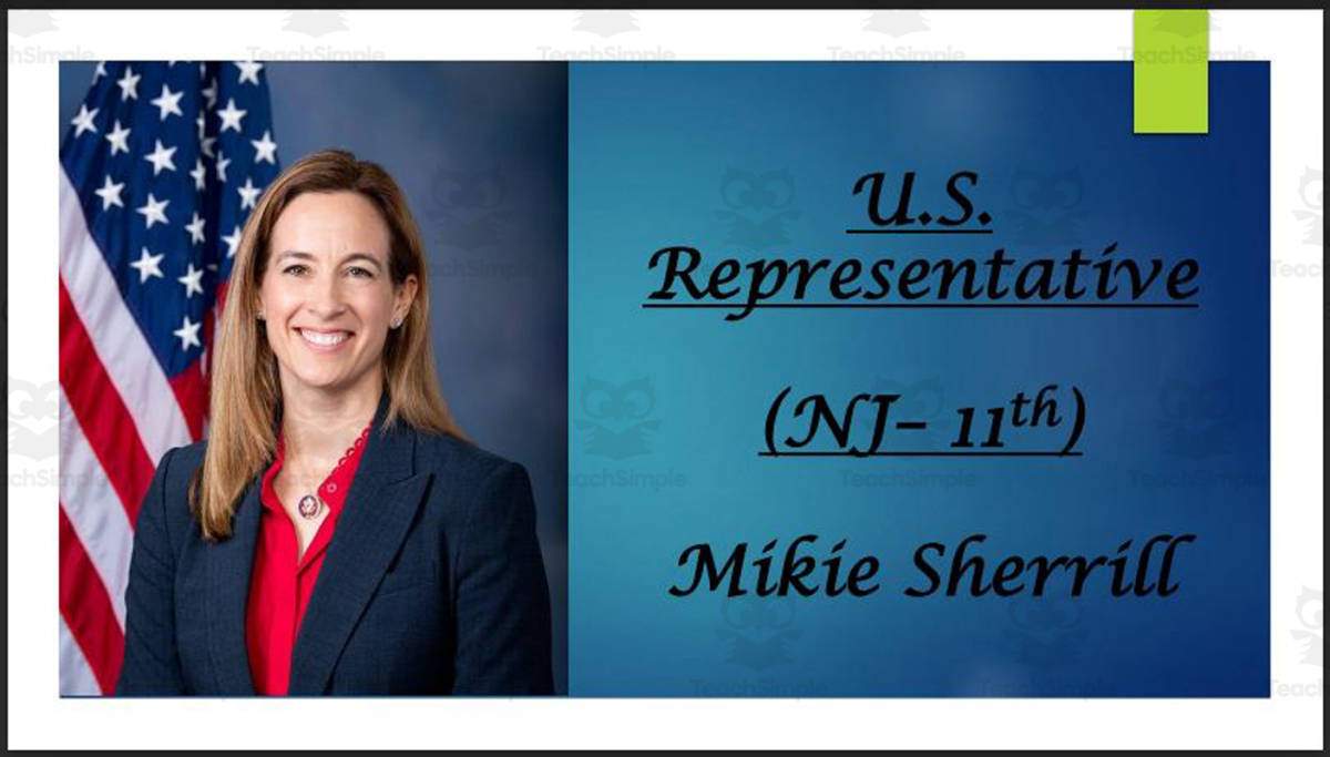 An educational teaching resource from Mr. Matthews Teacher Store entitled U.S. Representative Mikie Sherrill (NJ - 11th) BIO PPT downloadable at Teach Simple.