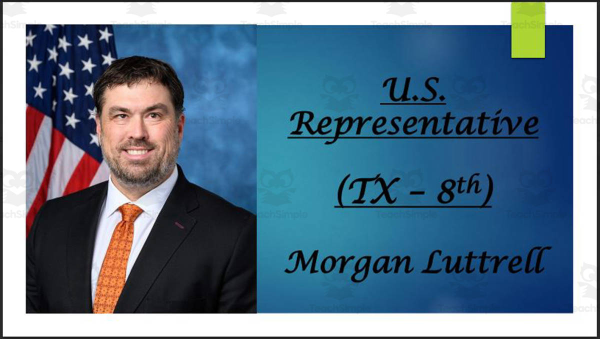 An educational teaching resource from Mr. Matthews Teacher Store entitled U.S. Representative Morgan Luttrell (TX - 8th) BIO PPT downloadable at Teach Simple.