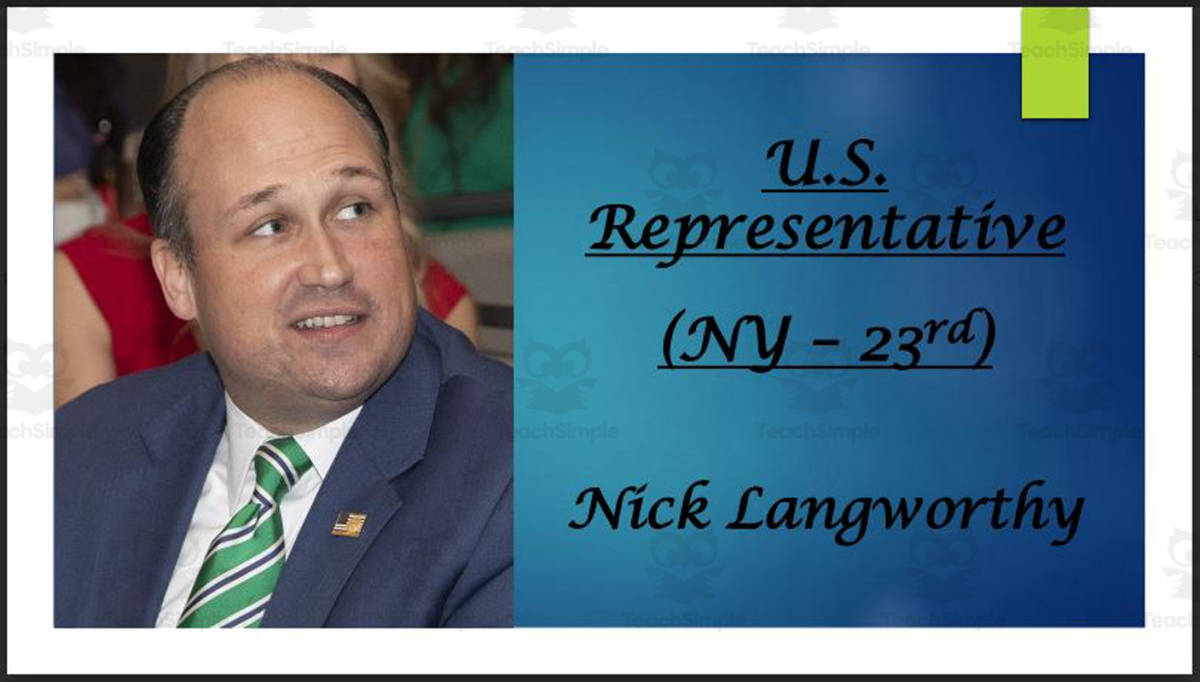 An educational teaching resource from Mr. Matthews Teacher Store entitled U.S. Representative Nick Langworthy (NY - 23rd) BIO PPT downloadable at Teach Simple.