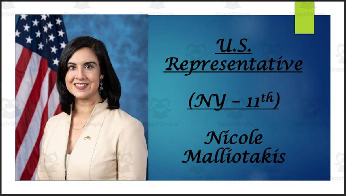 An educational teaching resource from Mr. Matthews Teacher Store entitled U.S. Representative Nicole Malliotakis (NY - 11th) BIO PPT downloadable at Teach Simple.