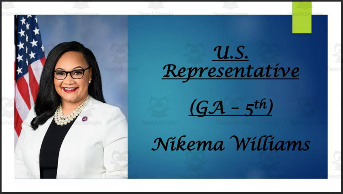 An educational teaching resource from Mr. Matthews Teacher Store entitled U.S. Representative Nikema Williams (GA - 5th) BIO PPT downloadable at Teach Simple.