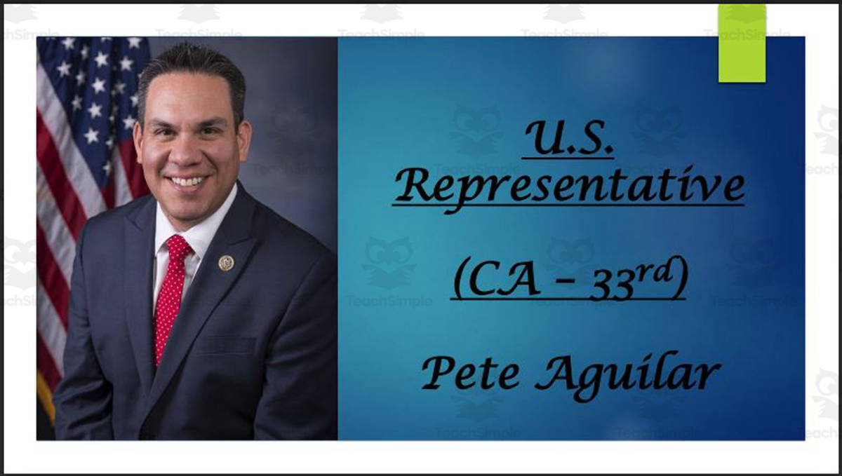 An educational teaching resource from Mr. Matthews Teacher Store entitled U.S. Representative Pete Aguilar (CA - 33rd) BIO PPT downloadable at Teach Simple.