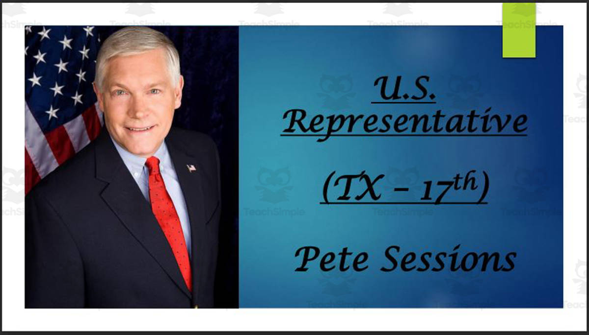 An educational teaching resource from Mr. Matthews Teacher Store entitled U.S. Representative Pete Sessions (TX - 17th) BIO PPT downloadable at Teach Simple.