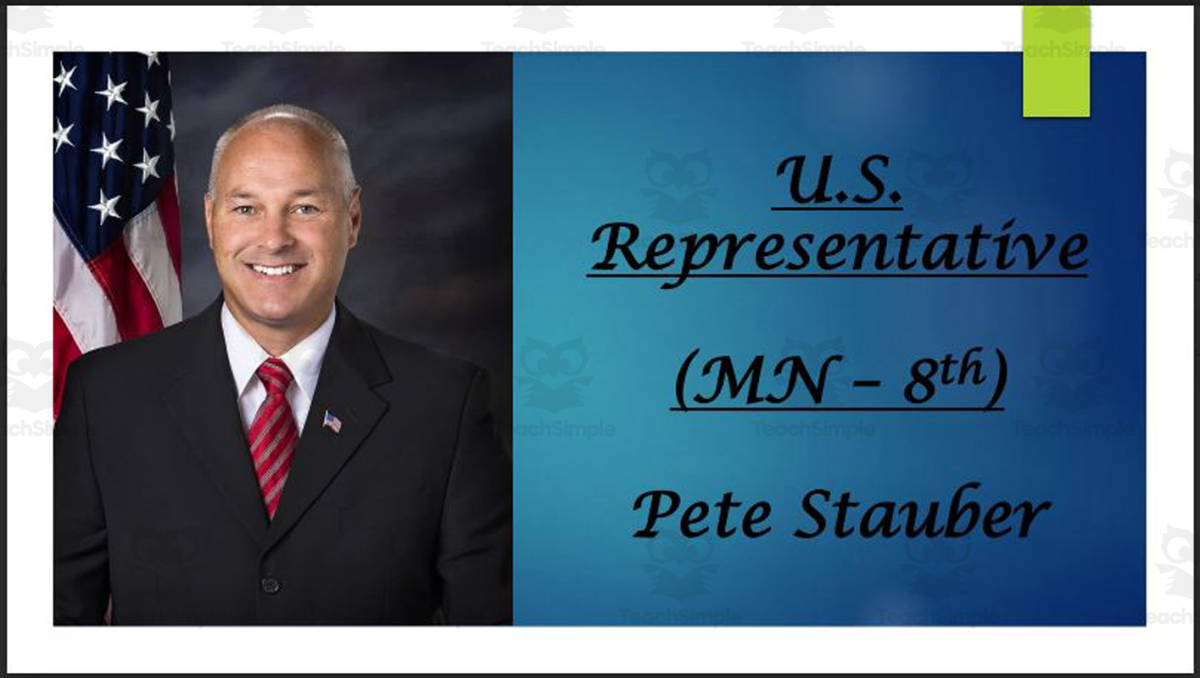 An educational teaching resource from Mr. Matthews Teacher Store entitled U.S. Representative Pete Stauber (MN - 8th) BIO PPT downloadable at Teach Simple.
