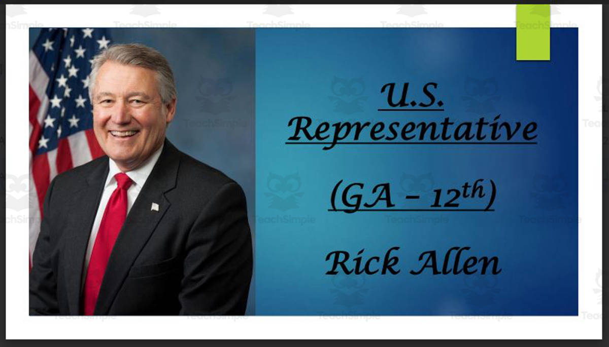 An educational teaching resource from Mr. Matthews Teacher Store entitled U.S. Representative Rick Allen (GA - 12th) BIO PPT downloadable at Teach Simple.
