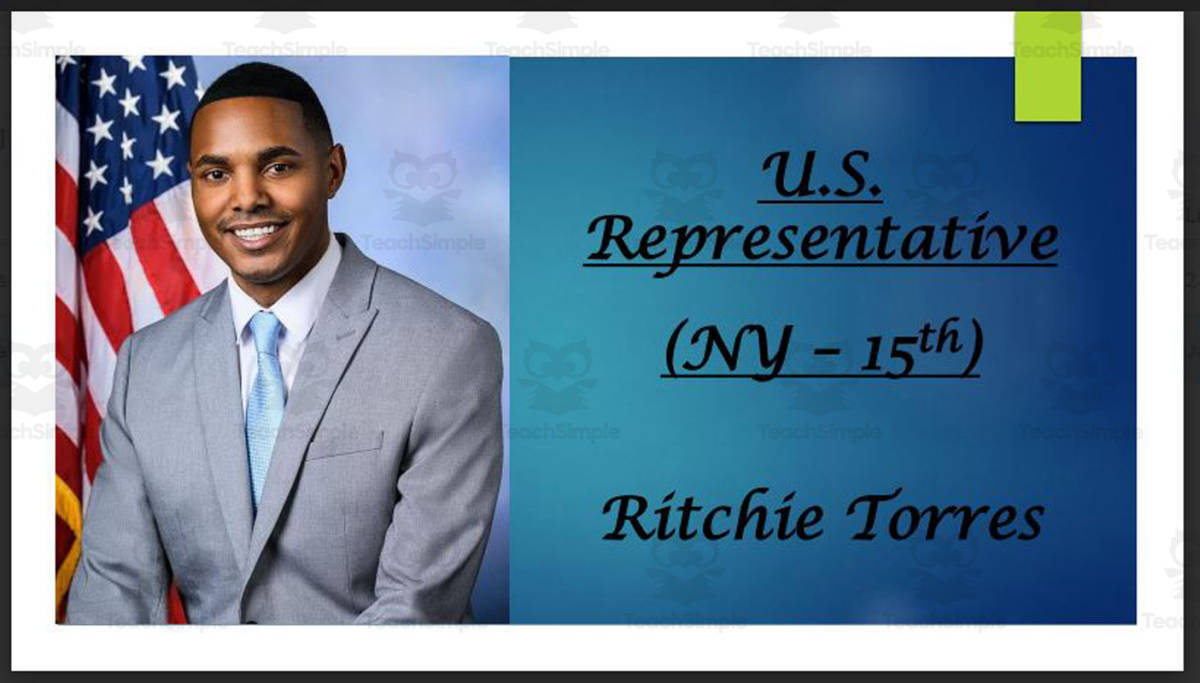 An educational teaching resource from Mr. Matthews Teacher Store entitled U.S. Representative Ritchie Torres (NY - 15th) BIO PPT downloadable at Teach Simple.