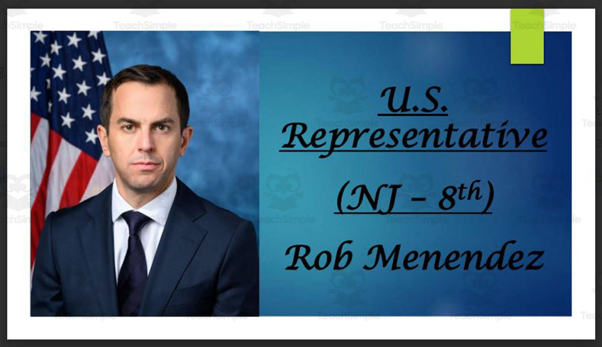 An educational teaching resource from Mr. Matthews Teacher Store entitled U.S. Representative Rob Menendez (NJ - 8th) BIO PPT downloadable at Teach Simple.