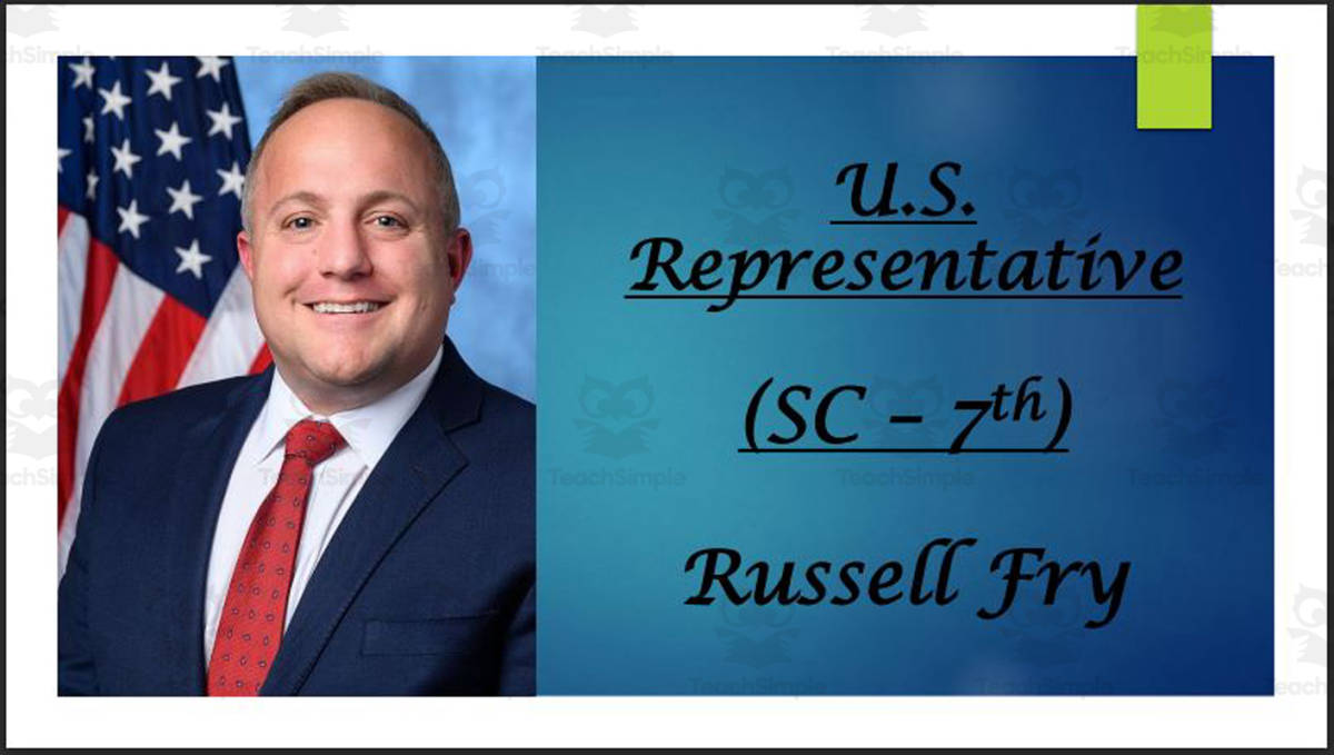 An educational teaching resource from Mr. Matthews Teacher Store entitled U.S. Representative Russell Fry (SC - 7th) BIO PPT downloadable at Teach Simple.