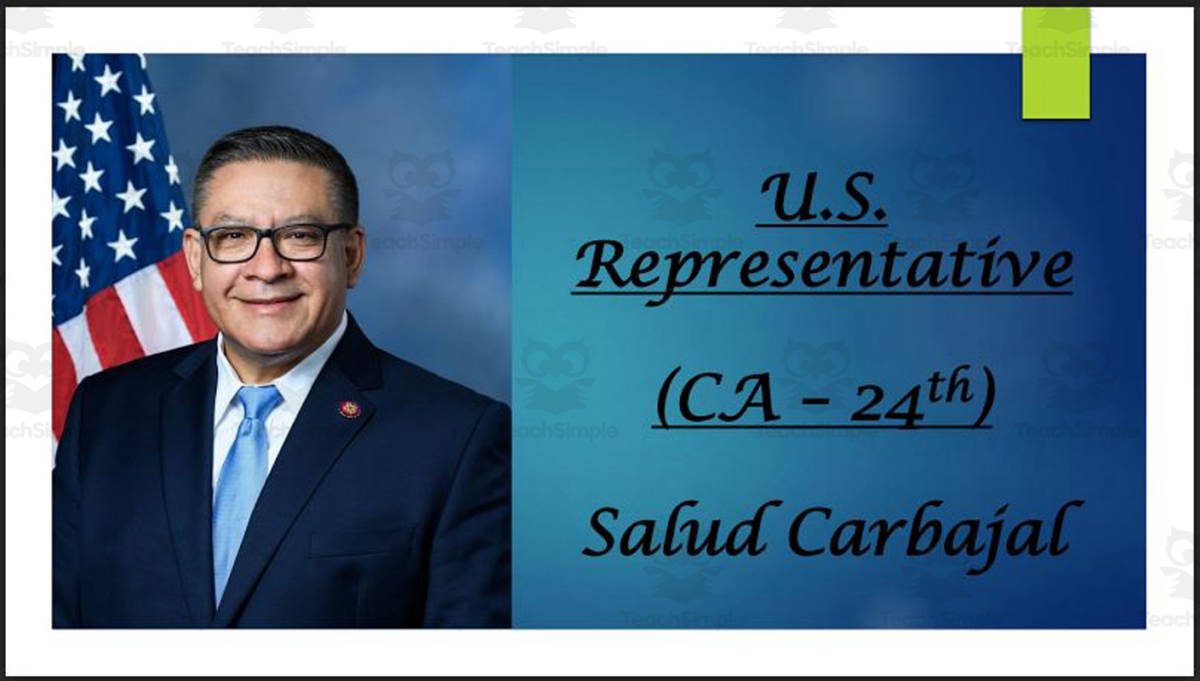 An educational teaching resource from Mr. Matthews Teacher Store entitled U.S. Representative Salud Carbajal (CA - 24th) BIO PPT downloadable at Teach Simple.