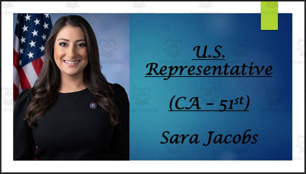 An educational teaching resource from Mr. Matthews Teacher Store entitled U.S. Representative Sara Jacobs (CA - 51st) BIO PPT downloadable at Teach Simple.