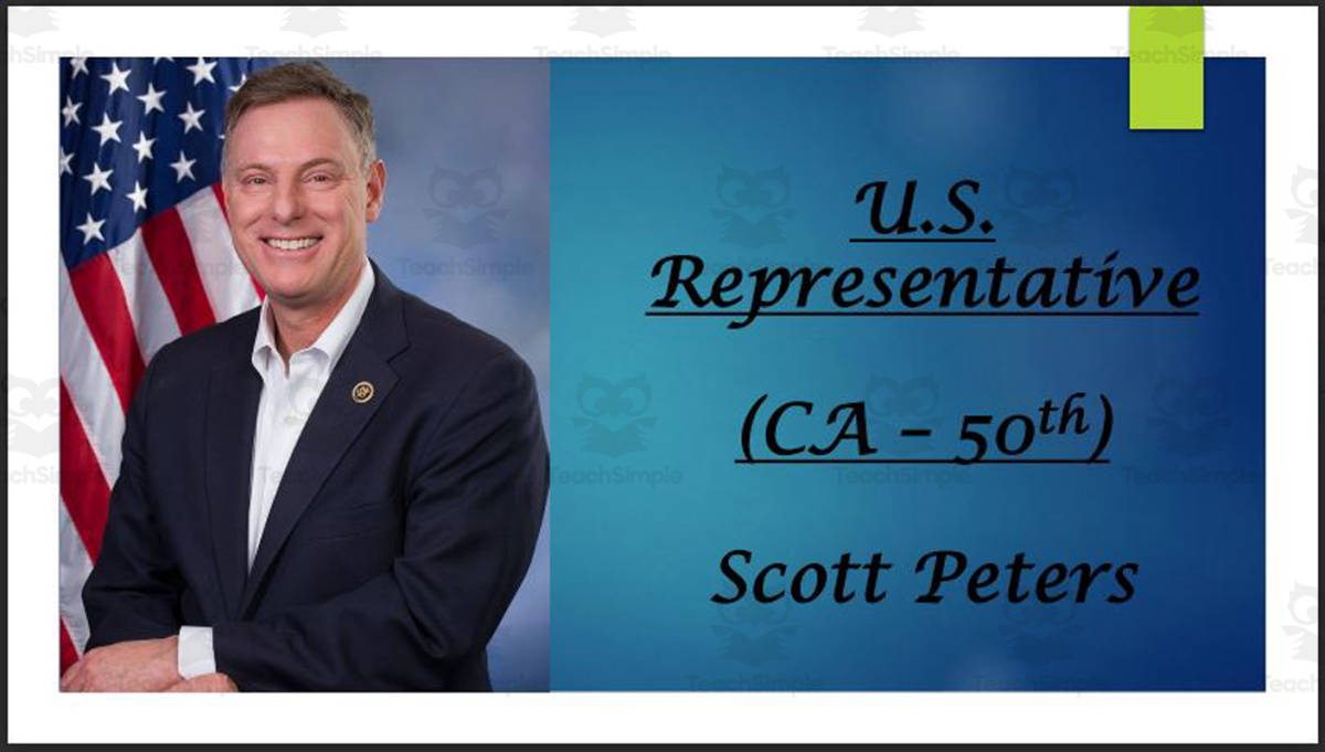 An educational teaching resource from Mr. Matthews Teacher Store entitled U.S. Representative Scott Peters (CA - 50th) BIO PPT downloadable at Teach Simple.