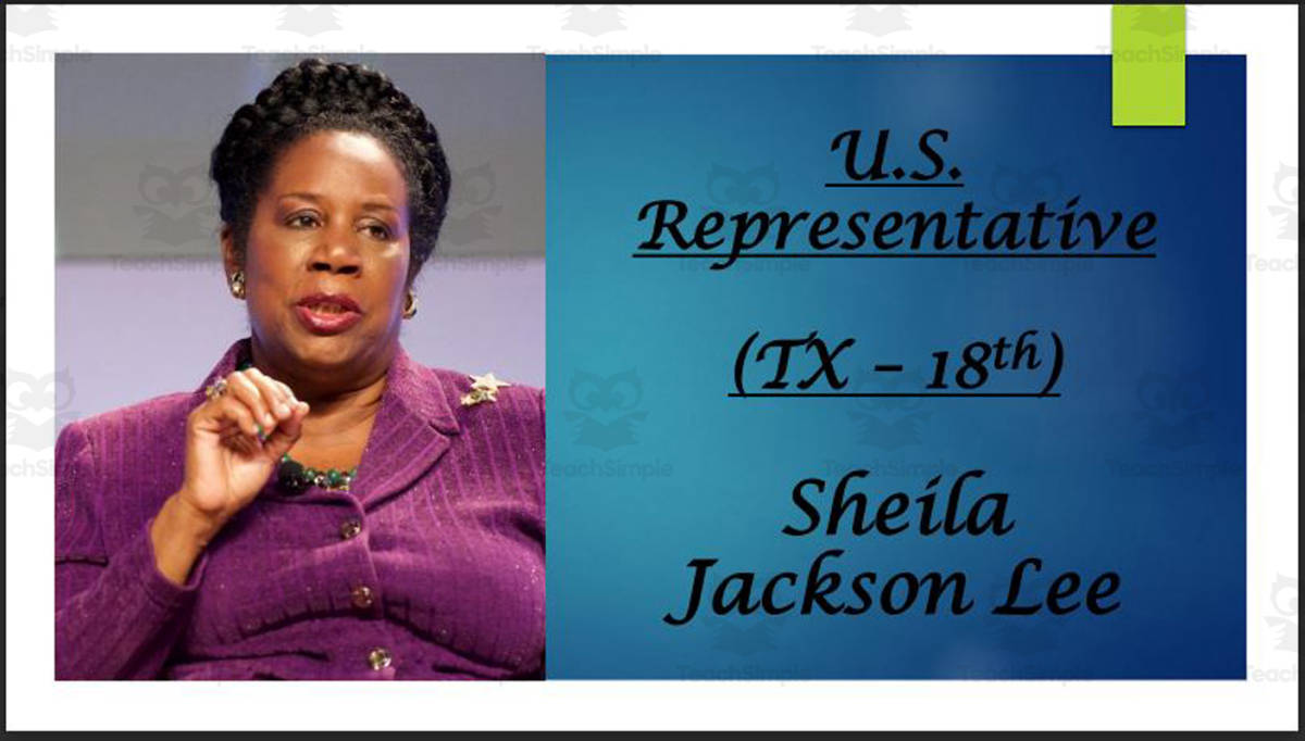 An educational teaching resource from Mr. Matthews Teacher Store entitled U.S. Representative Sheila Jackson Lee (TX - 18th) BIO PPT downloadable at Teach Simple.