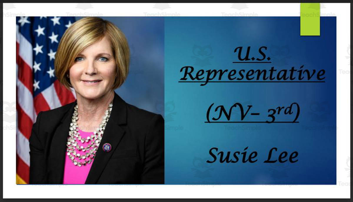 An educational teaching resource from Mr. Matthews Teacher Store entitled U.S. Representative Susie Lee (NV - 3rd) BIO PPT downloadable at Teach Simple.