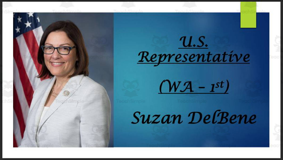 An educational teaching resource from Mr. Matthews Teacher Store entitled U.S. Representative Suzan DelBene (WA - 1st) BIO PPT downloadable at Teach Simple.
