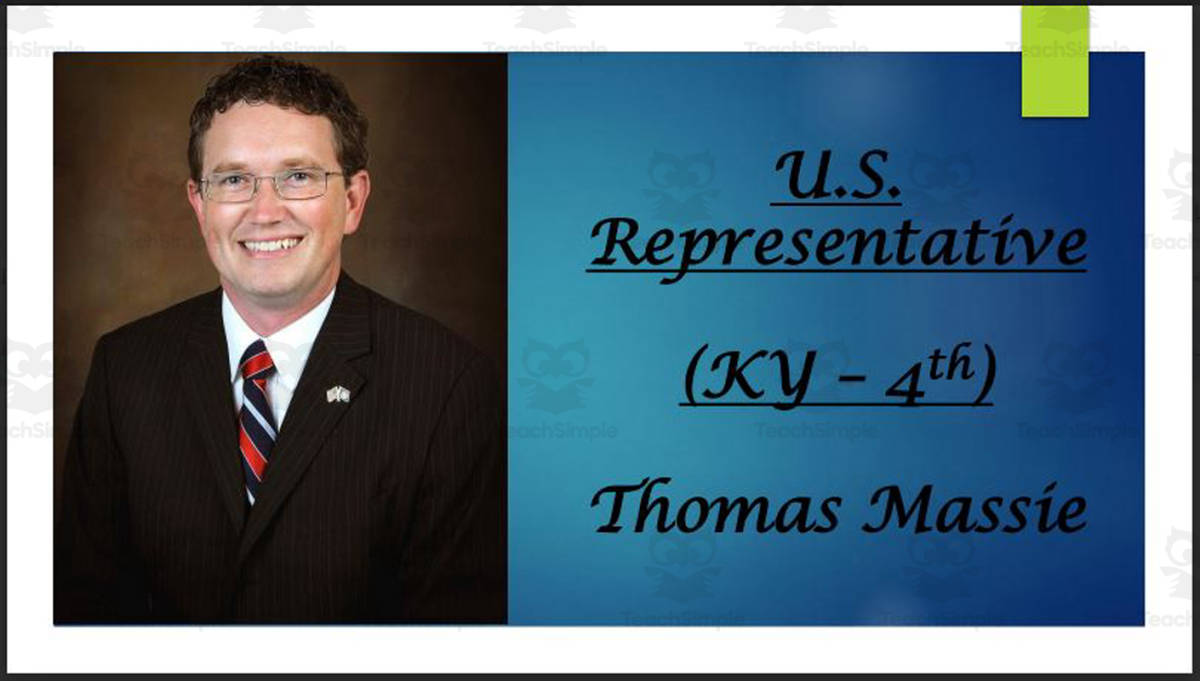 An educational teaching resource from Mr. Matthews Teacher Store entitled U.S. Representative Thomas Massie (KY - 4th) BIO PPT downloadable at Teach Simple.