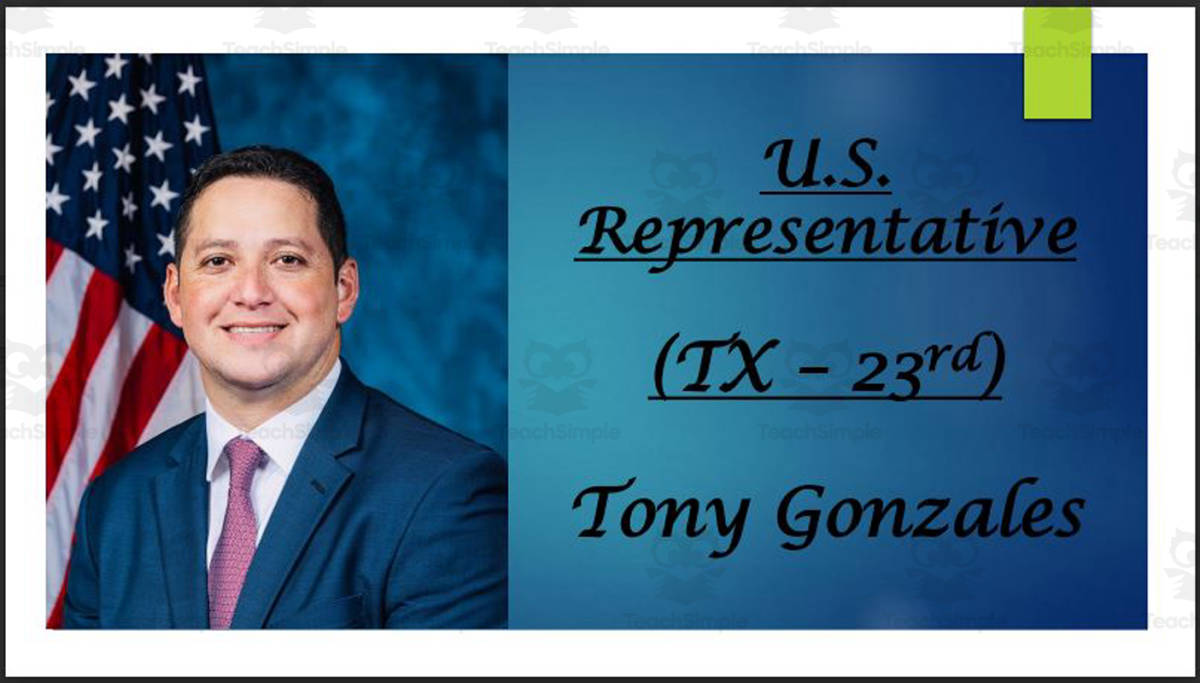 An educational teaching resource from Mr. Matthews Teacher Store entitled U.S. Representative Tony Gonzales (TX - 23rd) BIO PPT downloadable at Teach Simple.