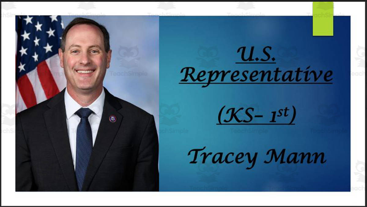 An educational teaching resource from Mr. Matthews Teacher Store entitled U.S. Representative Tracey Mann (KS - 1st) BIO PPT downloadable at Teach Simple.