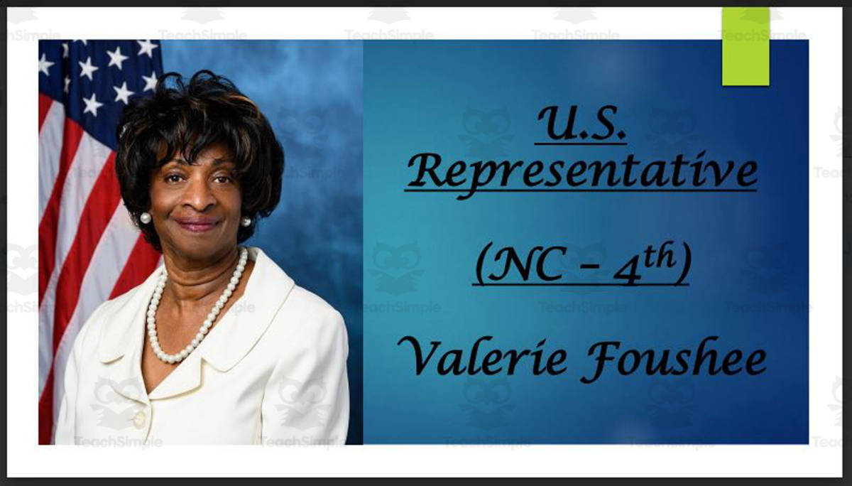 An educational teaching resource from Mr. Matthews Teacher Store entitled U.S. Representative Valerie Foushee (NC - 4th) BIO PPT downloadable at Teach Simple.