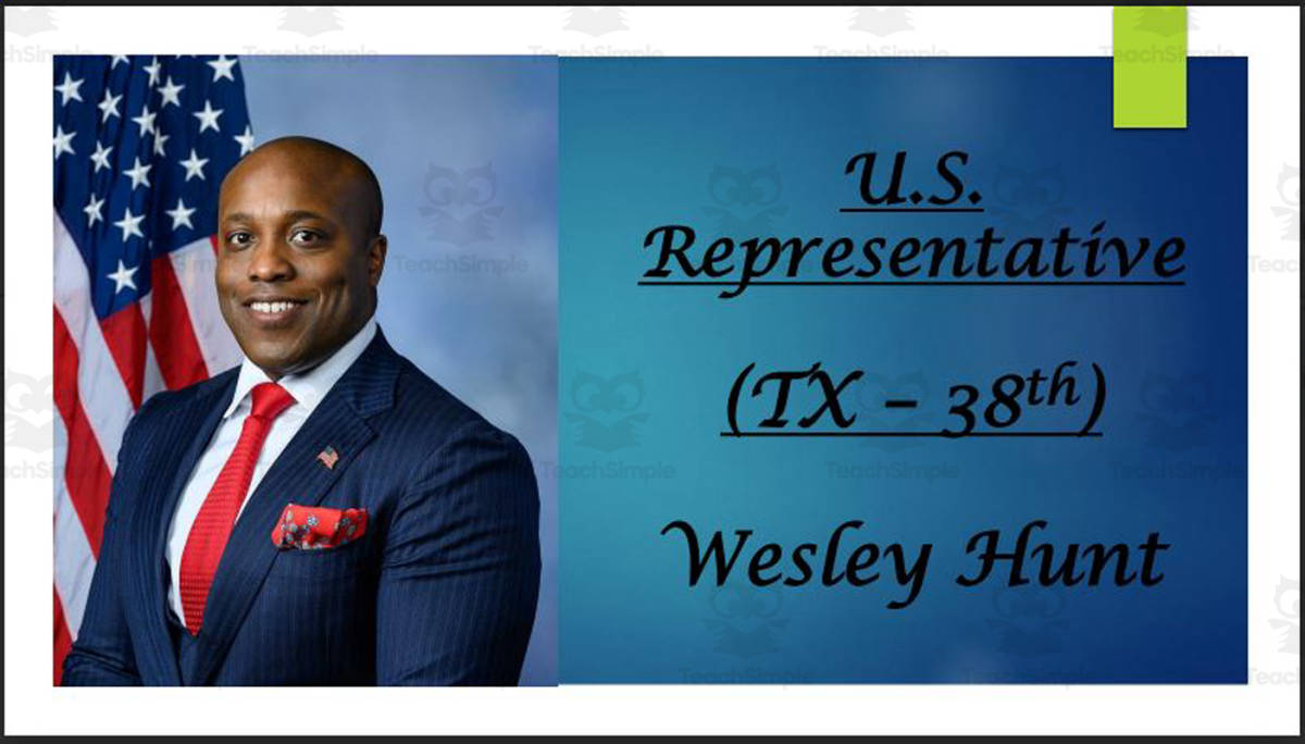 An educational teaching resource from Mr. Matthews Teacher Store entitled U.S. Representative Wesley Hunt (TX - 38th) BIO PPT downloadable at Teach Simple.