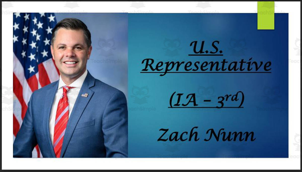 An educational teaching resource from Mr. Matthews Teacher Store entitled U.S. Representative Zach Nunn (IA - 3rd) BIO PPT downloadable at Teach Simple.
