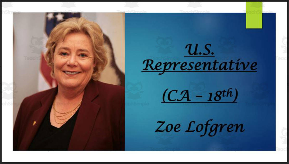 An educational teaching resource from Mr. Matthews Teacher Store entitled U.S. Representative Zoe Lofgren (CA - 18th) BIO PPT downloadable at Teach Simple.