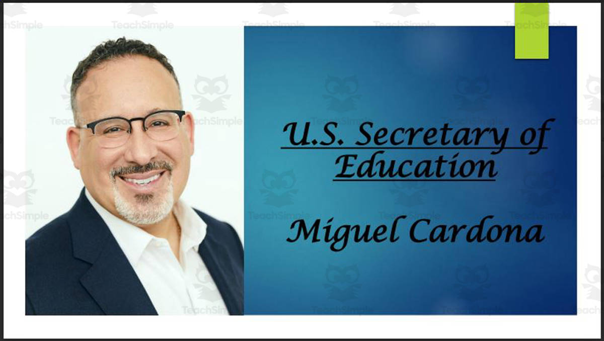 An educational teaching resource from Mr. Matthews Teacher Store entitled U.S. Secretary of Education Miguel Cardona (BIO PPT) downloadable at Teach Simple.