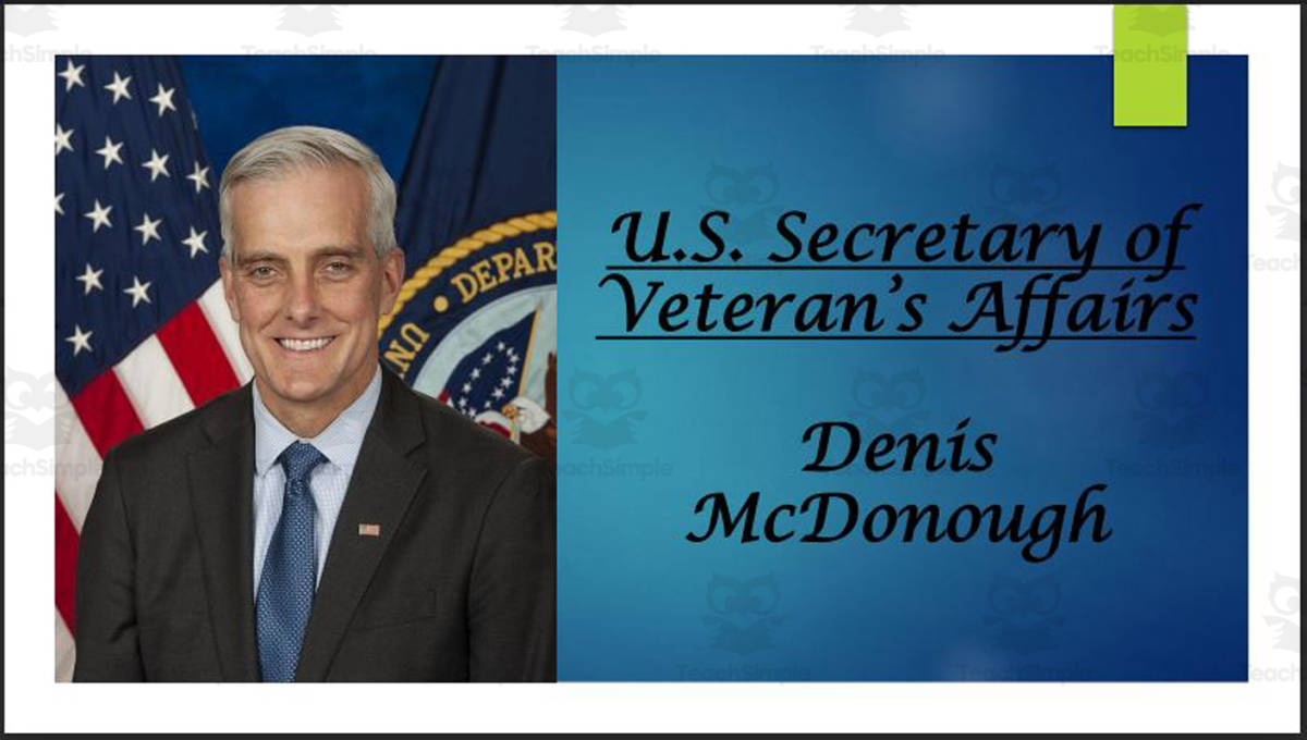 An educational teaching resource from Mr. Matthews Teacher Store entitled U.S. Secretary of Veteran's Affairs Denis McDonough (BIO PPT) downloadable at Teach Simple.