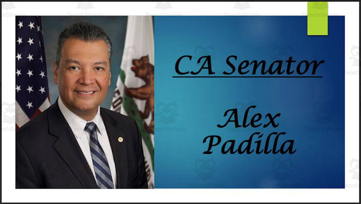 An educational teaching resource from Mr. Matthews Teacher Store entitled U.S. Senator Alex Padilla (CA) Biography PowerPoint downloadable at Teach Simple.