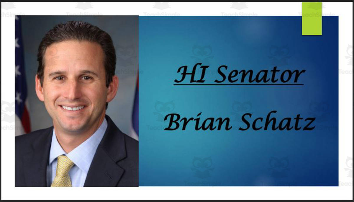 An educational teaching resource from Mr. Matthews Teacher Store entitled U.S. Senator Brian Schatz (HI) Biography PowerPoint downloadable at Teach Simple.