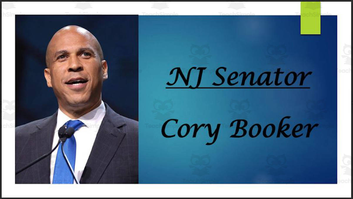 An educational teaching resource from Mr. Matthews Teacher Store entitled U.S. Senator Cory Booker (NJ) Biography PowerPoint downloadable at Teach Simple.