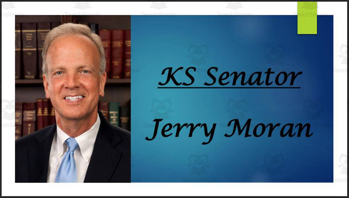 An educational teaching resource from Mr. Matthews Teacher Store entitled U.S. Senator Jerry Moran (KS) Biography PowerPoint downloadable at Teach Simple.