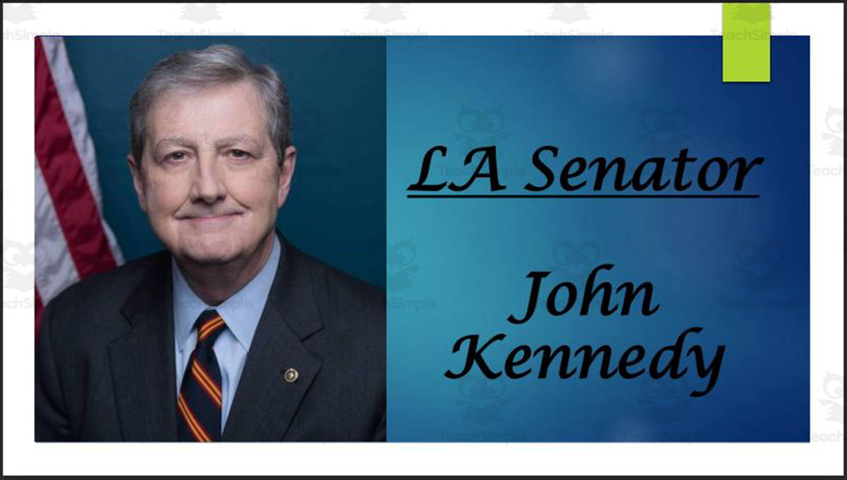 An educational teaching resource from Mr. Matthews Teacher Store entitled U.S. Senator John Kennedy (LA) Biography PowerPoint downloadable at Teach Simple.