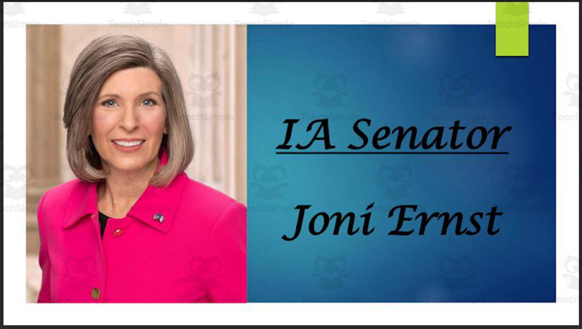An educational teaching resource from Mr. Matthews Teacher Store entitled U.S. Senator Joni Ernst (IA) Biography PowerPoint downloadable at Teach Simple.