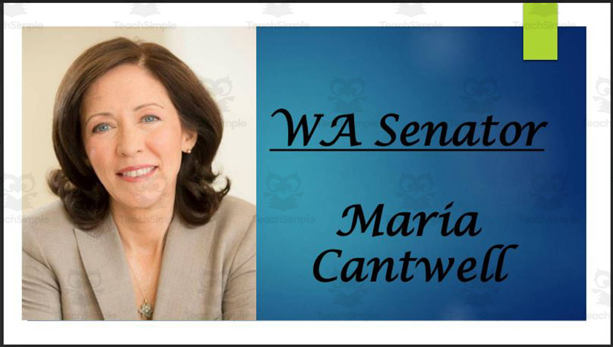 An educational teaching resource from Mr. Matthews Teacher Store entitled U.S. Senator Maria Cantwell (WA) Biography PowerPoint downloadable at Teach Simple.