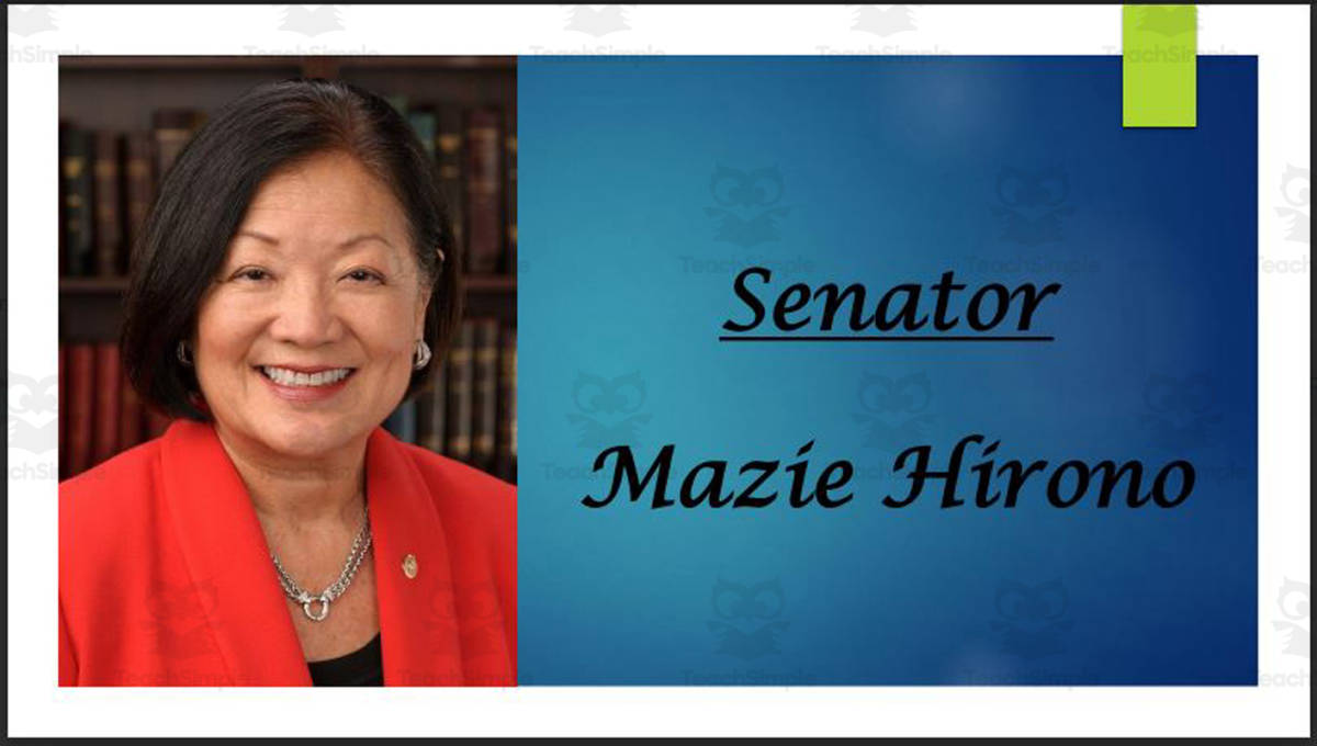 An educational teaching resource from Mr. Matthews Teacher Store entitled U.S. Senator Mazie Hirono (HI) Biography PowerPoint downloadable at Teach Simple.