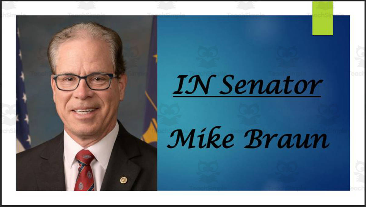 An educational teaching resource from Mr. Matthews Teacher Store entitled U.S. Senator Mike Braun (IN) Biography PowerPoint downloadable at Teach Simple.