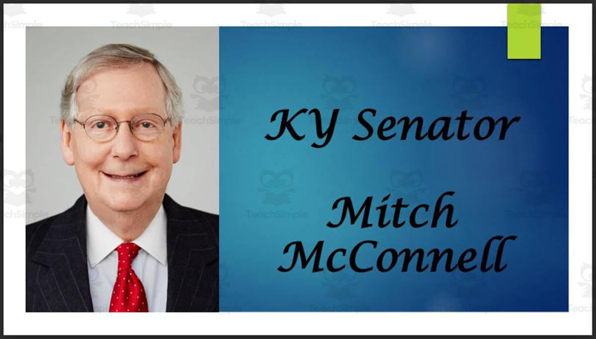 An educational teaching resource from Mr. Matthews Teacher Store entitled U.S. Senator Mitch McConnell (KY) Biography PowerPoint downloadable at Teach Simple.