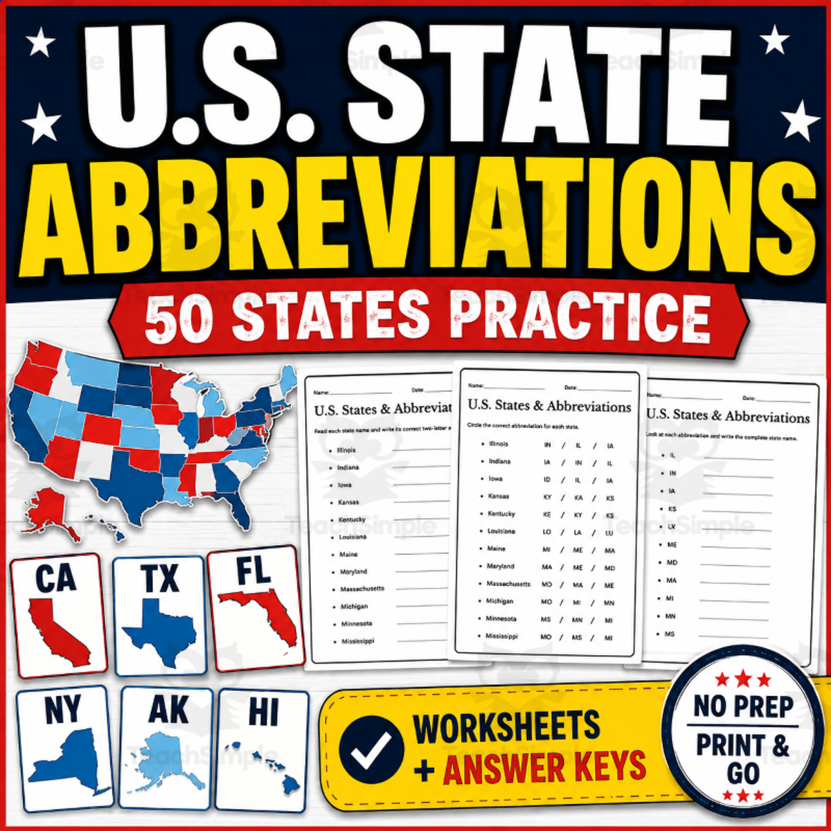 An educational teaching resource from Smart Learning Press entitled U.S. State Abbreviations Worksheets | 50 States Practice & Answer Keys downloadable at Teach Simple.