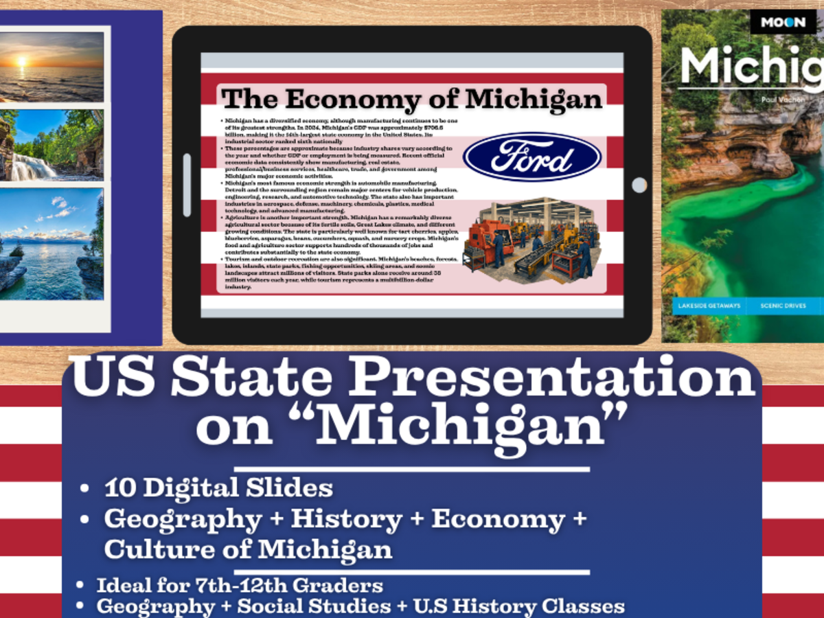 An educational teaching resource from Learning with Alan entitled US State Presentation on Michigan downloadable at Teach Simple.