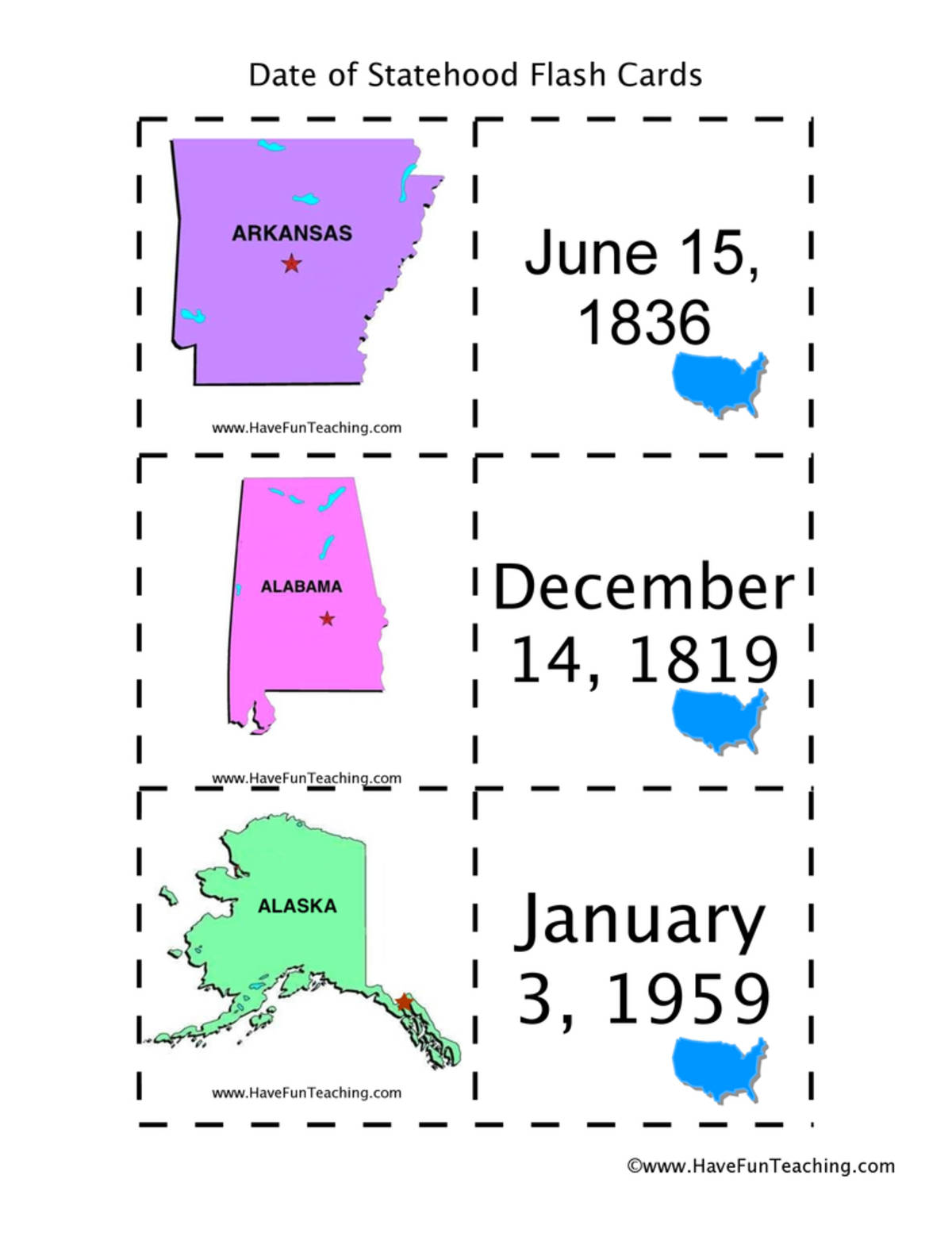An educational teaching resource from Have Fun Teaching entitled US State Statehood Dates Flash Cards downloadable at Teach Simple.