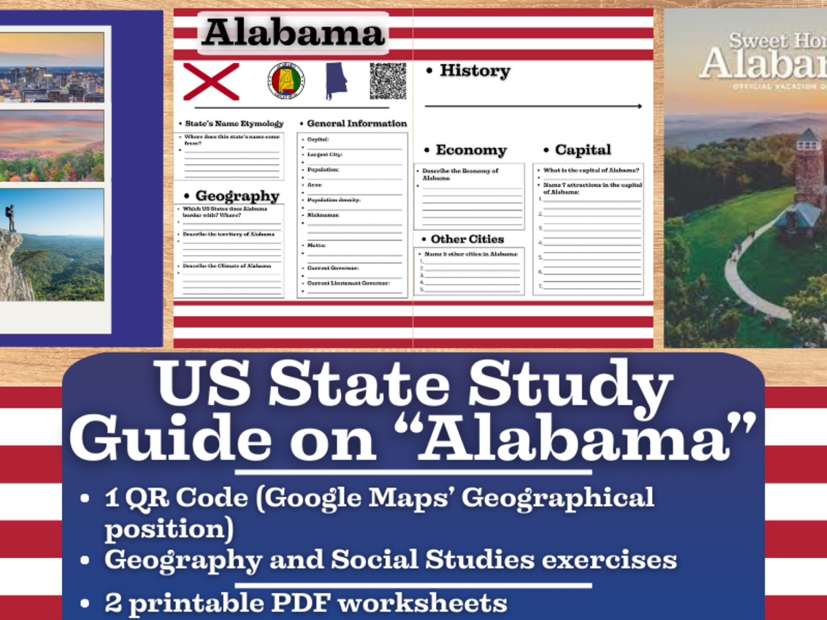 An educational teaching resource from Learning with Alan entitled US State Study Guide Worksheets on "Alabama" downloadable at Teach Simple.
