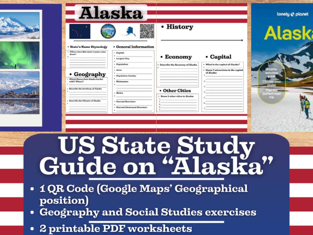 An educational teaching resource from Learning with Alan entitled US State Study Guide Worksheets on "Alaska" downloadable at Teach Simple.