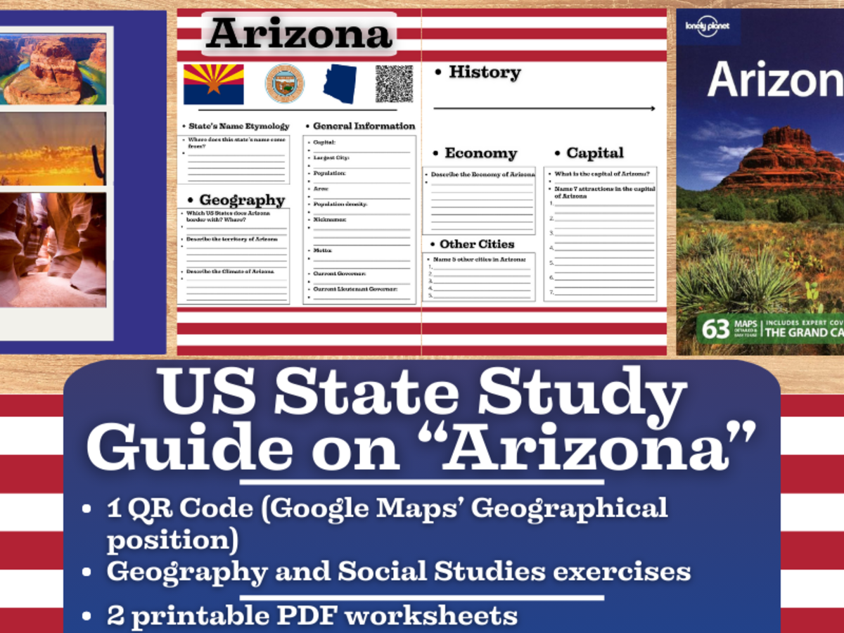 An educational teaching resource from Learning with Alan entitled US State Study Guide Worksheets on "Arizona" downloadable at Teach Simple.
