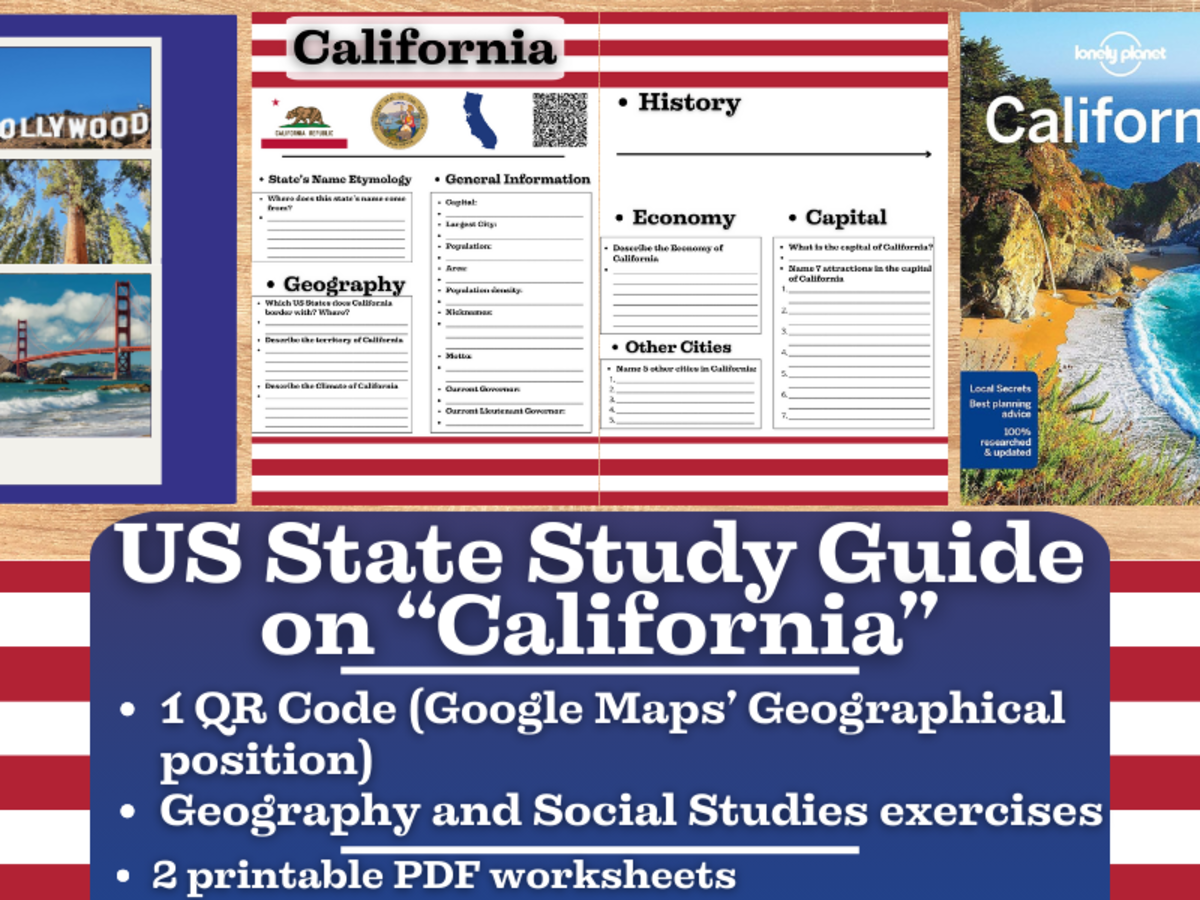 An educational teaching resource from Learning with Alan entitled US State Study Guide Worksheets on "California" downloadable at Teach Simple.